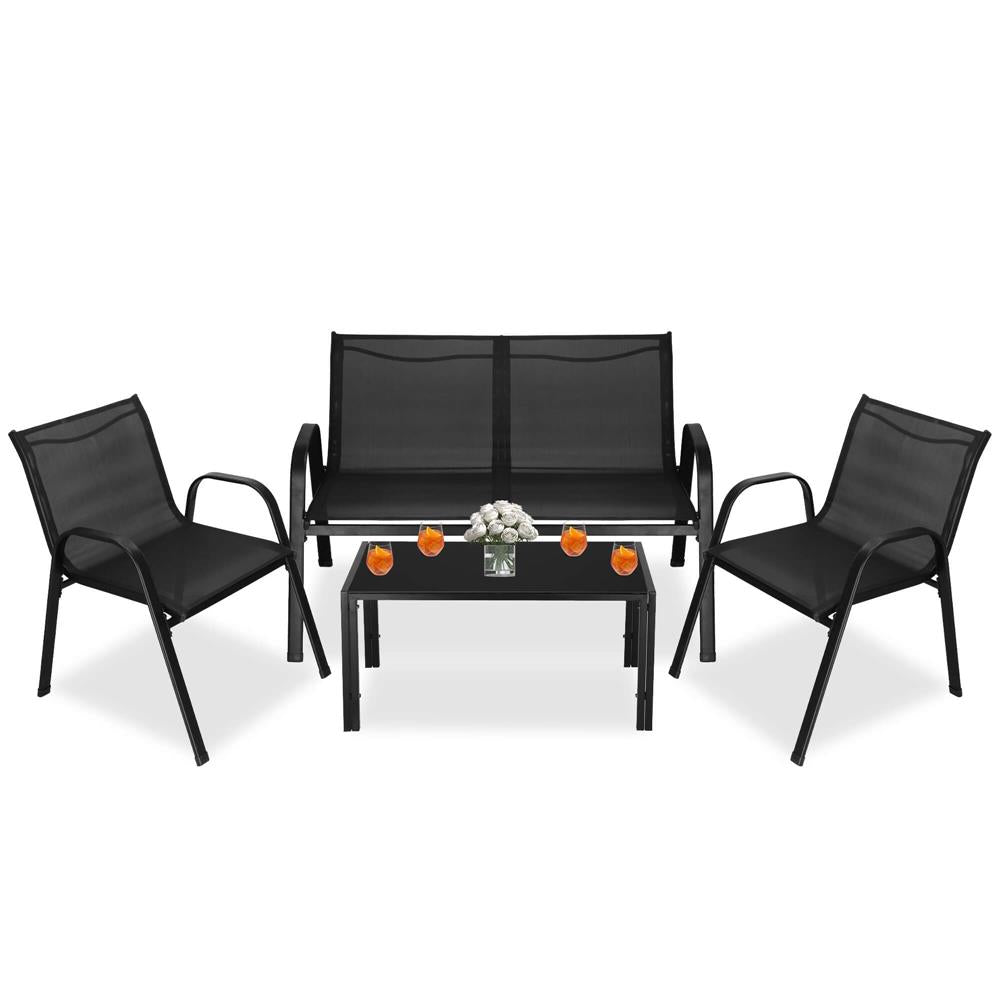Set mobilier gradina 4 piese, masa cu sticla securizata, 2 scaune si canapea, cadru metalic, negru