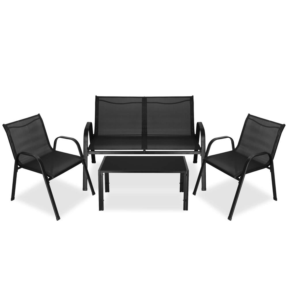 Set mobilier gradina 4 piese, masa cu sticla securizata, 2 scaune si canapea, cadru metalic, negru