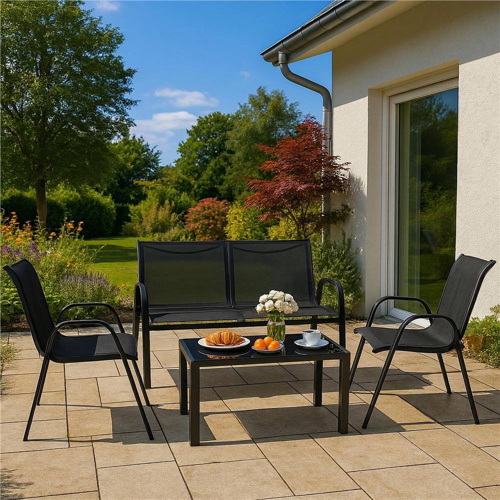 Set mobilier gradina 4 piese, masa cu sticla securizata, 2 scaune si canapea, cadru metalic, negru