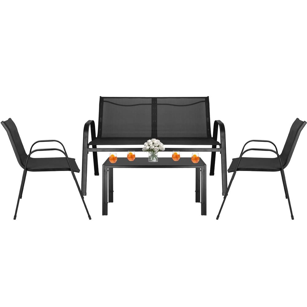 Set mobilier gradina 4 piese, masa cu sticla securizata, 2 scaune si canapea, cadru metalic, negru