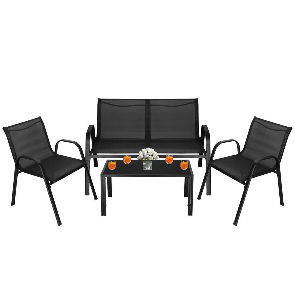 Set mobilier gradina 4 piese, masa cu sticla securizata, 2 scaune si canapea, cadru metalic, negru