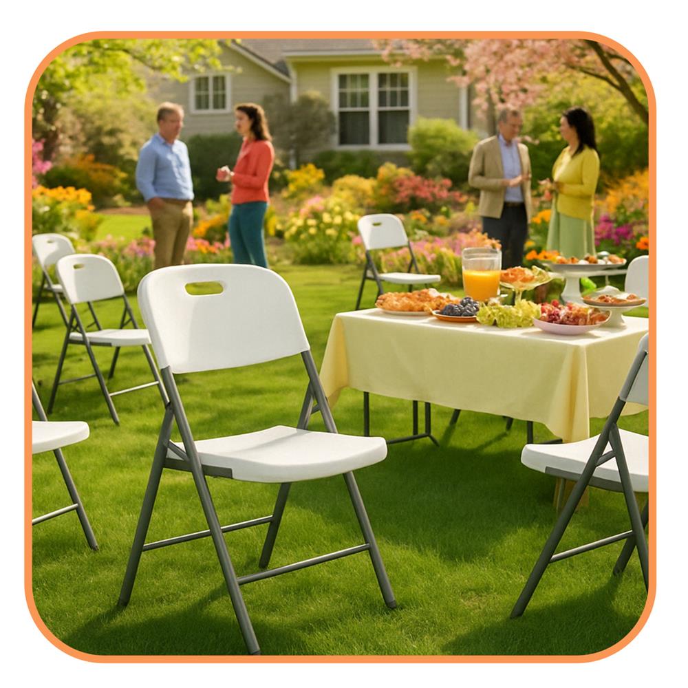 Scaun pliabil HDPE cu cadru metalic, pentru catering sau gradina, 46x53x86 cm, 150 kg, alb