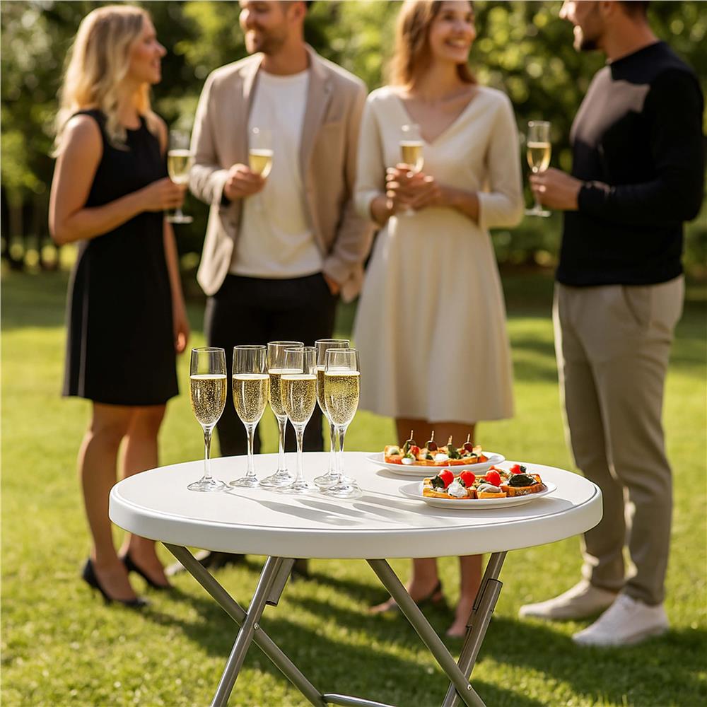 Masa pliabila rotunda pentru gradina sau catering 75x80 cm, HDPE si metal, alb
