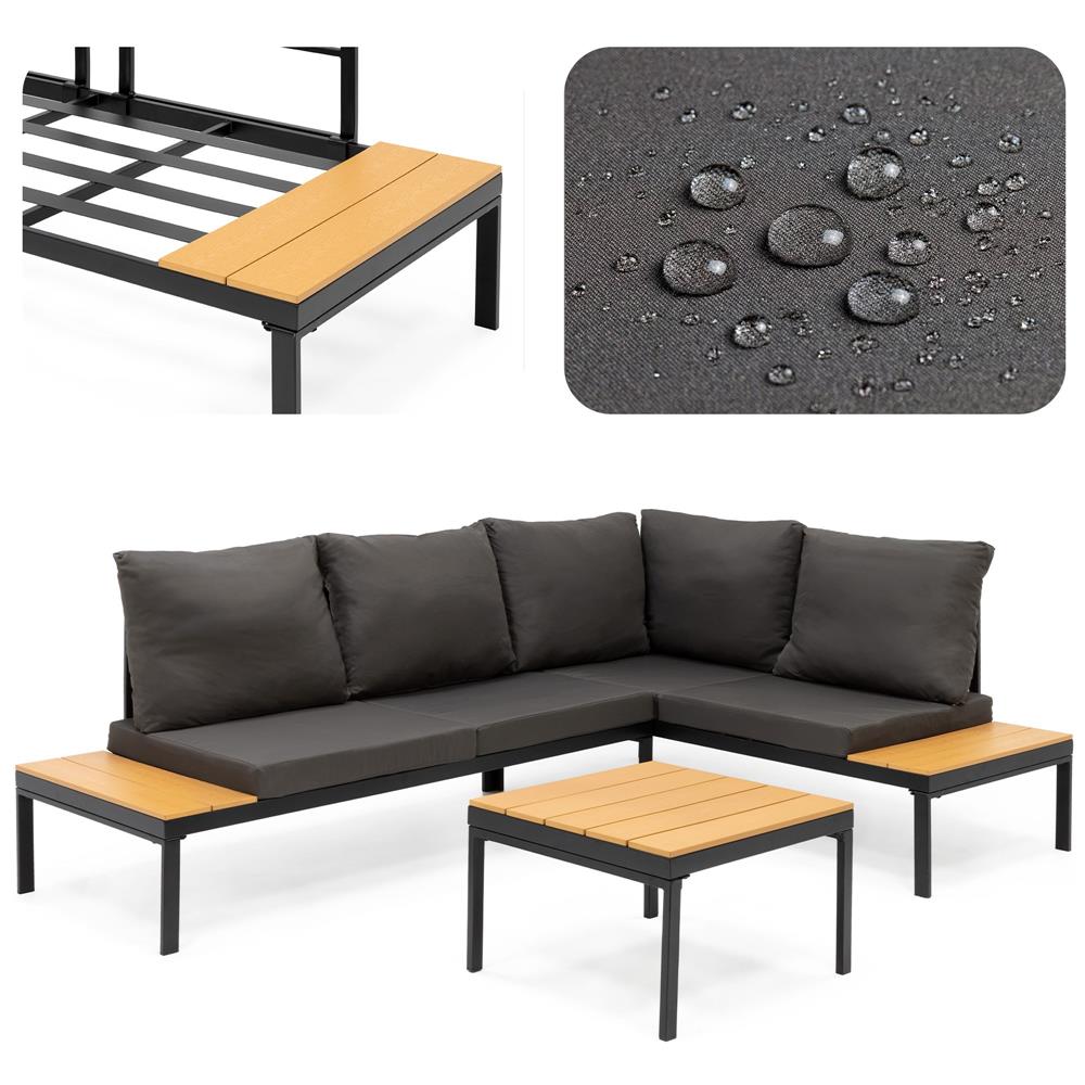 Set mobilier gradina coltar cu masa, separabil in 2 canapele tip sezlong, perne impermeabile, cadru metalic, gri si maro