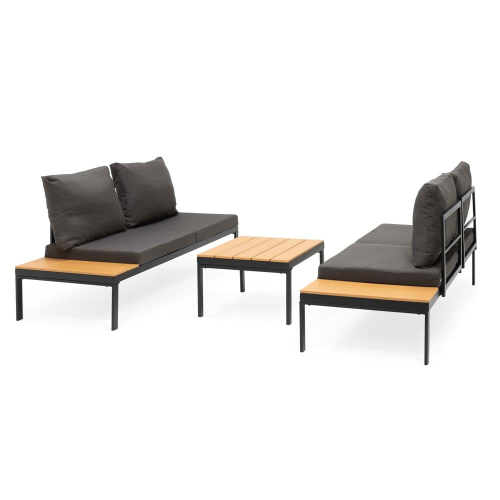 Set mobilier gradina coltar cu masa, separabil in 2 canapele tip sezlong, perne impermeabile, cadru metalic, gri si maro