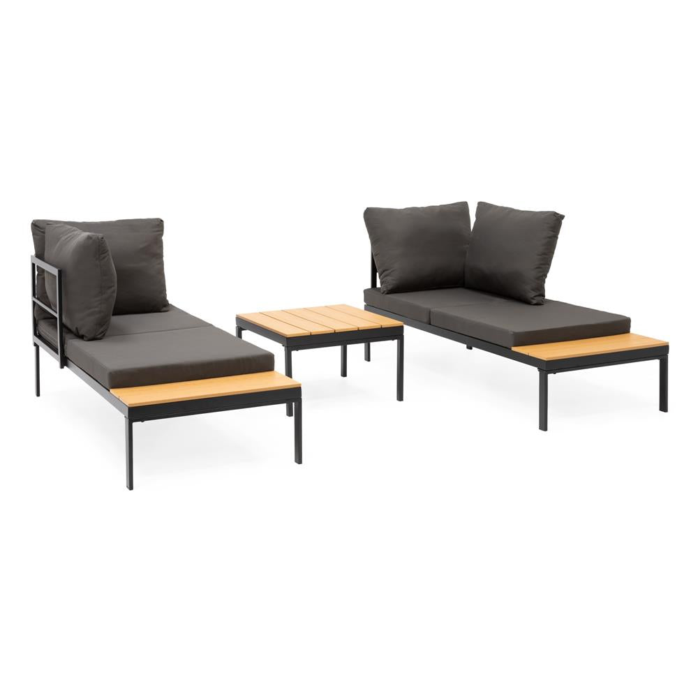 Set mobilier gradina coltar cu masa, separabil in 2 canapele tip sezlong, perne impermeabile, cadru metalic, gri si maro