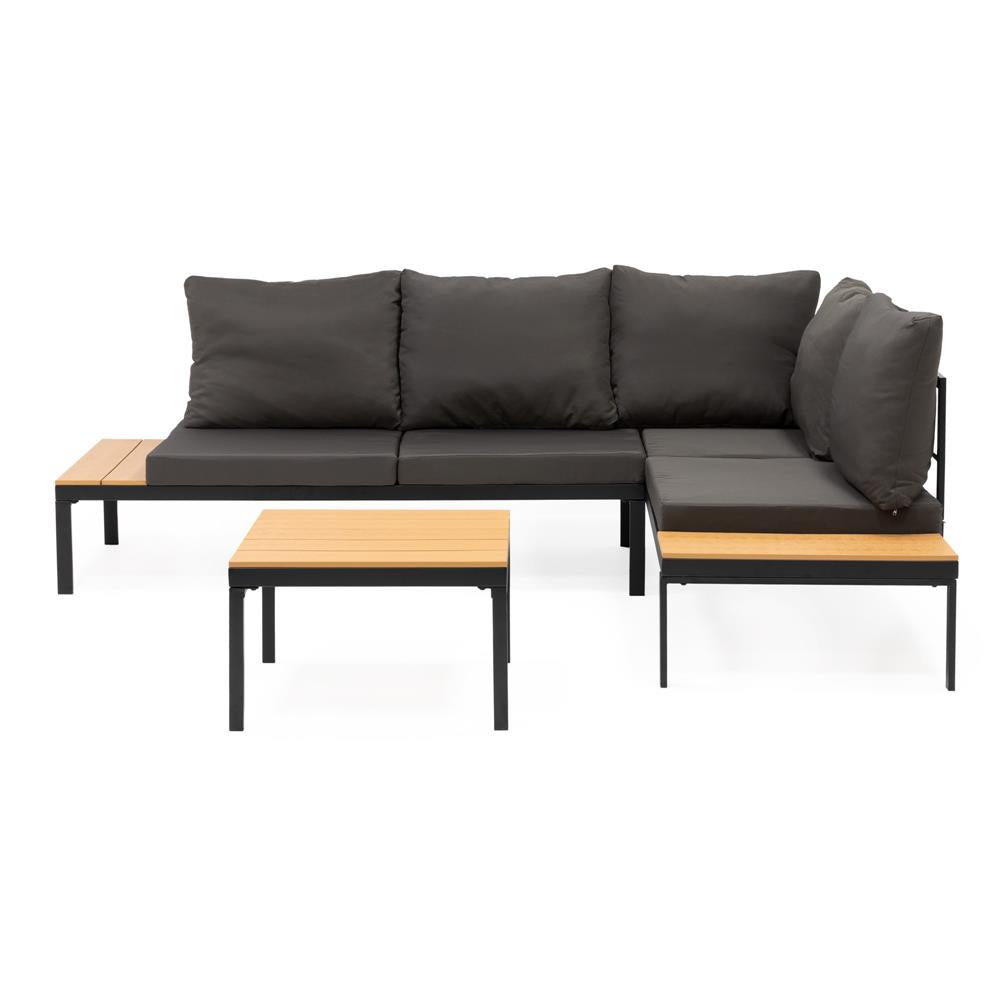 Set mobilier gradina coltar cu masa, separabil in 2 canapele tip sezlong, perne impermeabile, cadru metalic, gri si maro