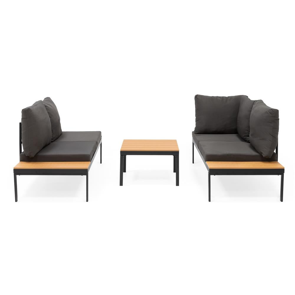 Set mobilier gradina coltar cu masa, separabil in 2 canapele tip sezlong, perne impermeabile, cadru metalic, gri si maro