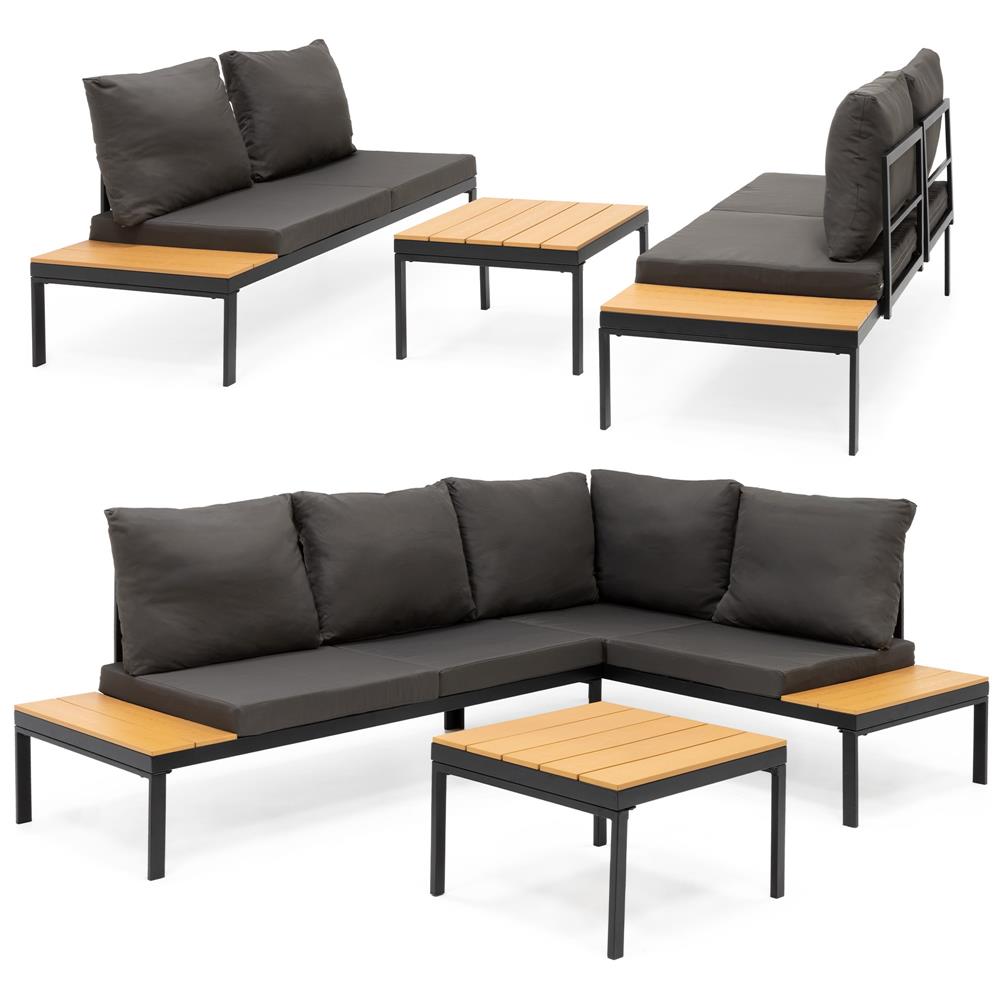 Set mobilier gradina coltar cu masa, separabil in 2 canapele tip sezlong, perne impermeabile, cadru metalic, gri si maro