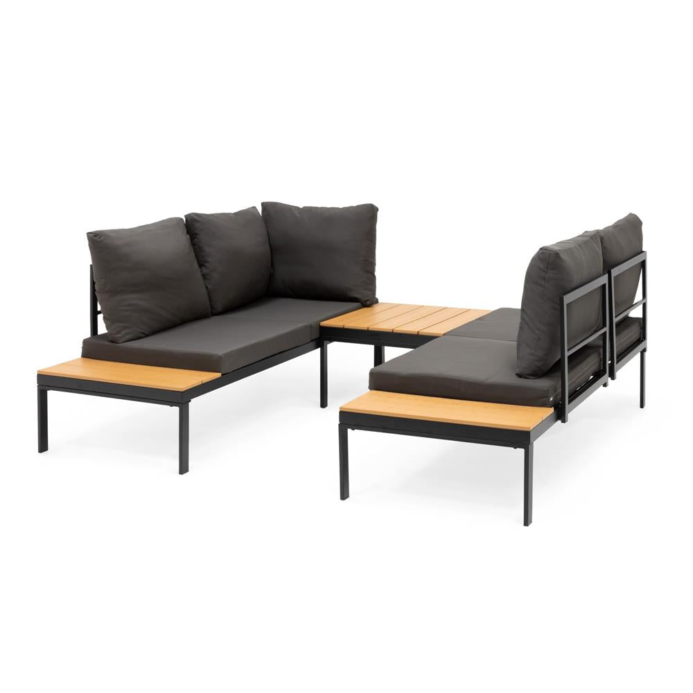 Set mobilier gradina coltar cu masa, separabil in 2 canapele tip sezlong, perne impermeabile, cadru metalic, gri si maro