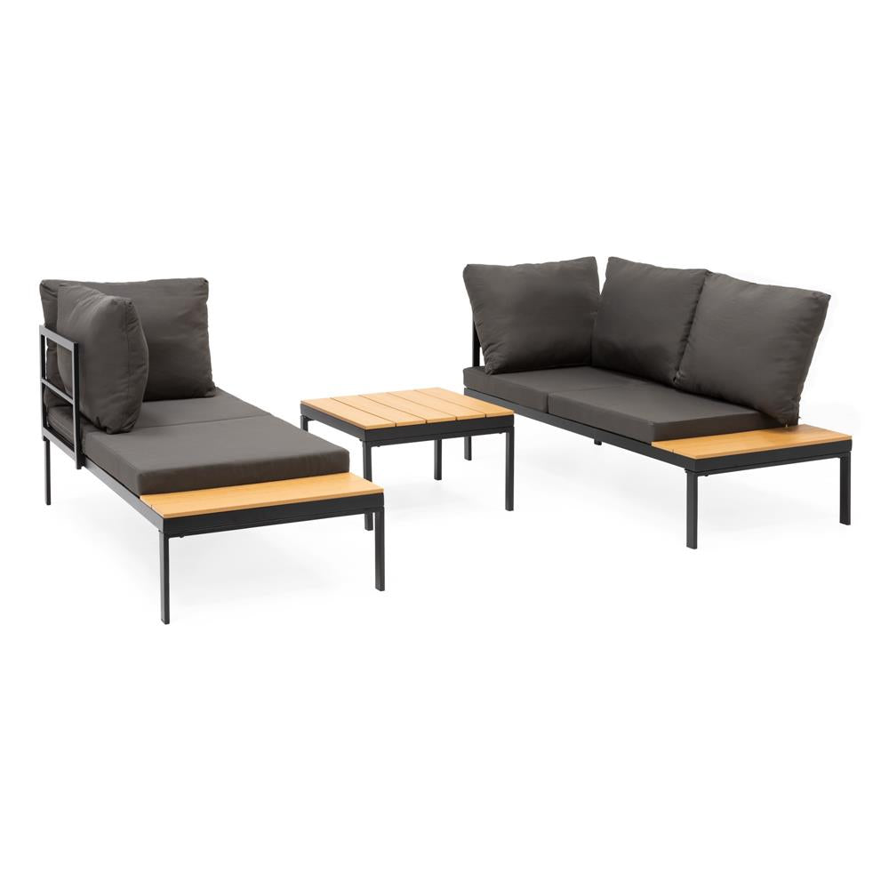 Set mobilier gradina coltar cu masa, separabil in 2 canapele tip sezlong, perne impermeabile, cadru metalic, gri si maro