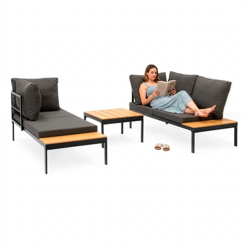 Set mobilier gradina coltar cu masa, separabil in 2 canapele tip sezlong, perne impermeabile, cadru metalic, gri si maro