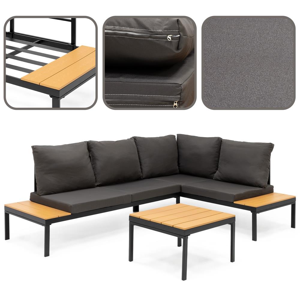 Set mobilier gradina coltar cu masa, separabil in 2 canapele tip sezlong, perne impermeabile, cadru metalic, gri si maro