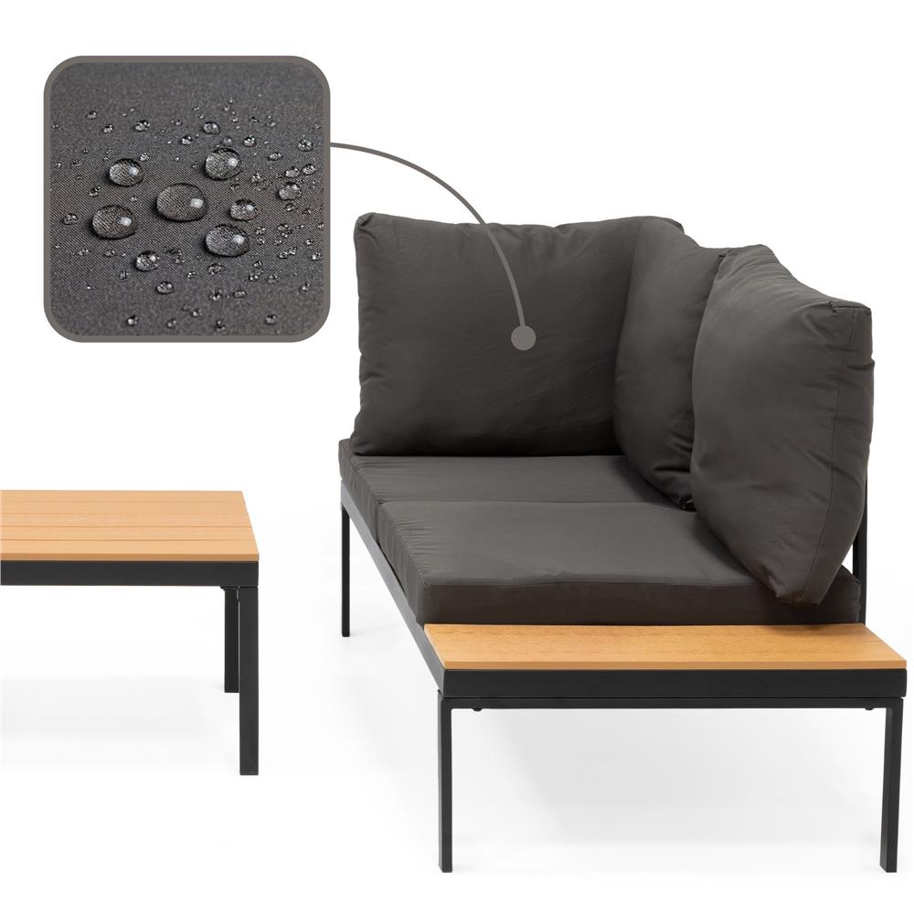 Set mobilier gradina coltar cu masa, separabil in 2 canapele tip sezlong, perne impermeabile, cadru metalic, gri si maro