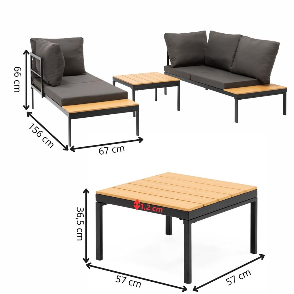 Set mobilier gradina coltar cu masa, separabil in 2 canapele tip sezlong, perne impermeabile, cadru metalic, gri si maro