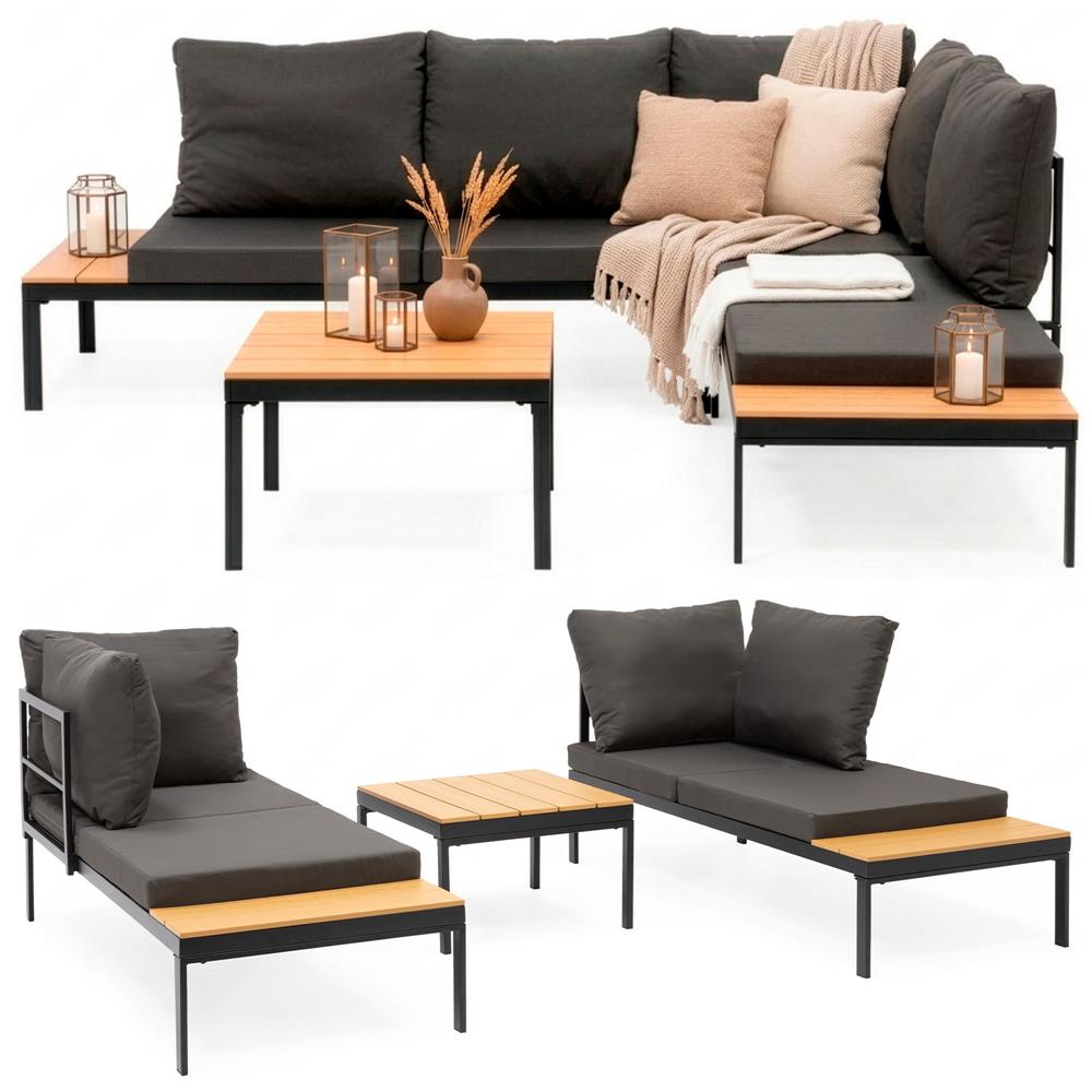 Set mobilier gradina coltar cu masa, separabil in 2 canapele tip sezlong, perne impermeabile, cadru metalic, gri si maro