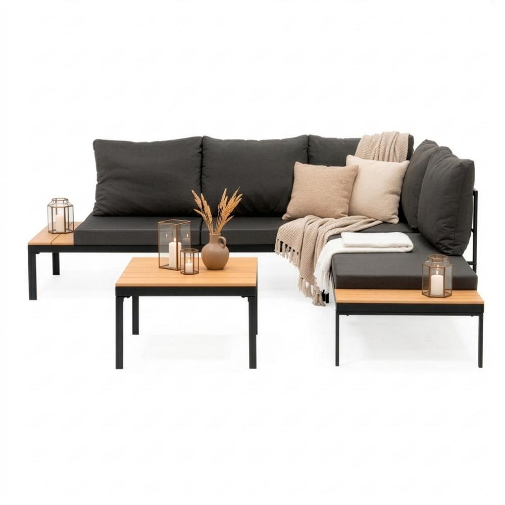 Set mobilier gradina coltar cu masa, separabil in 2 canapele tip sezlong, perne impermeabile, cadru metalic, gri si maro