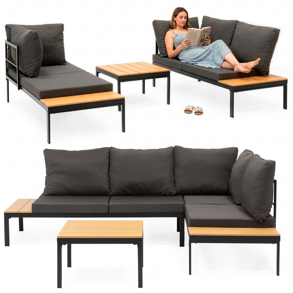 Set mobilier gradina coltar cu masa, separabil in 2 canapele tip sezlong, perne impermeabile, cadru metalic, gri si maro