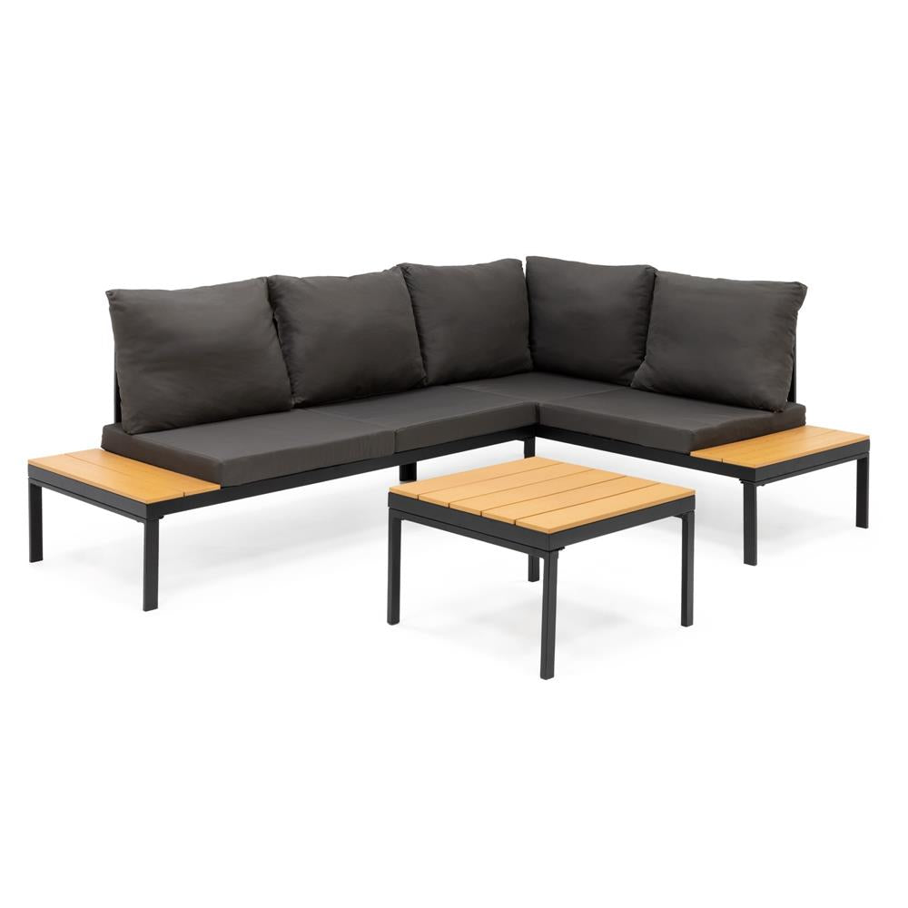 Set mobilier gradina coltar cu masa, separabil in 2 canapele tip sezlong, perne impermeabile, cadru metalic, gri si maro