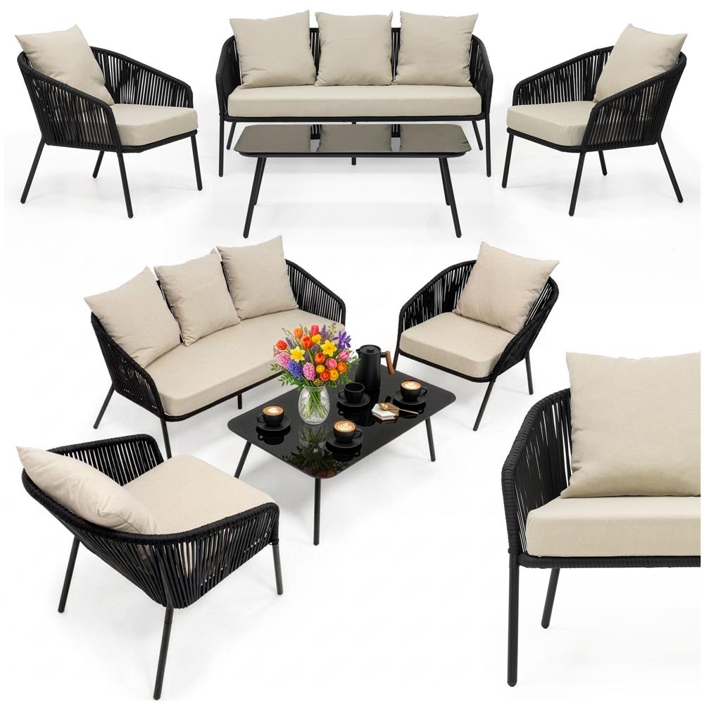 Set mobilier gradina 4 piese cu canapea sofa, 2 fotolii si masa sticla, cadru metalic, negru cu perne bej