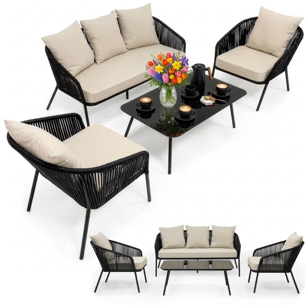 Set mobilier gradina 4 piese cu canapea sofa, 2 fotolii si masa sticla, cadru metalic, negru cu perne bej