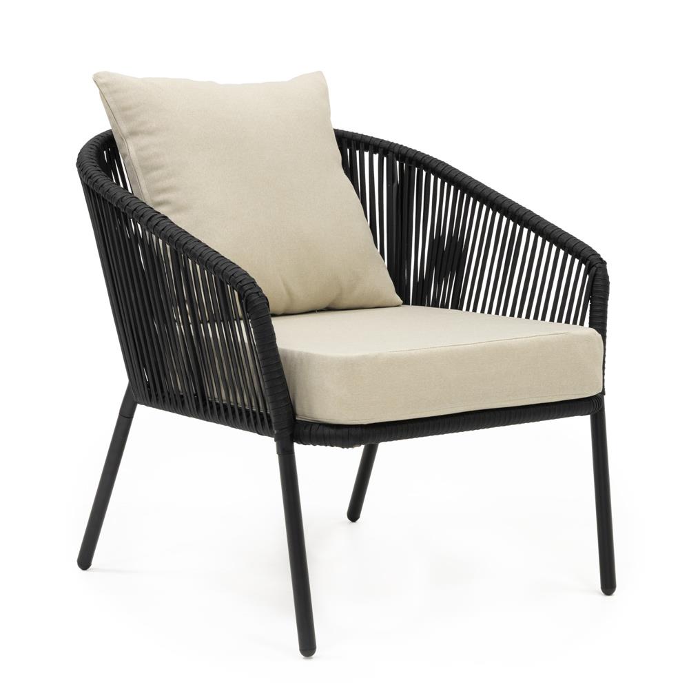 Set mobilier gradina 4 piese cu canapea sofa, 2 fotolii si masa sticla, cadru metalic, negru cu perne bej