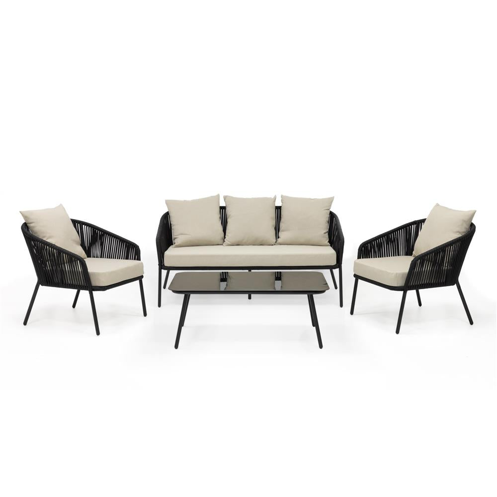 Set mobilier gradina 4 piese cu canapea sofa, 2 fotolii si masa sticla, cadru metalic, negru cu perne bej