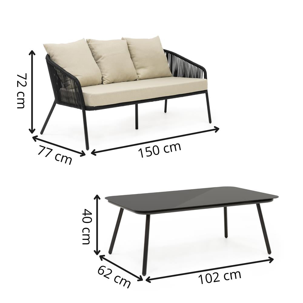 Set mobilier gradina 4 piese cu canapea sofa, 2 fotolii si masa sticla, cadru metalic, negru cu perne bej