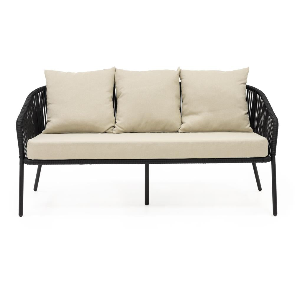 Set mobilier gradina 4 piese cu canapea sofa, 2 fotolii si masa sticla, cadru metalic, negru cu perne bej