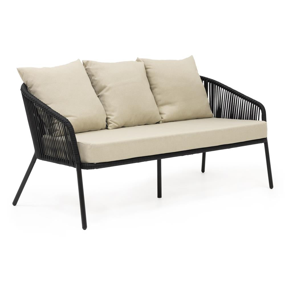 Set mobilier gradina 4 piese cu canapea sofa, 2 fotolii si masa sticla, cadru metalic, negru cu perne bej