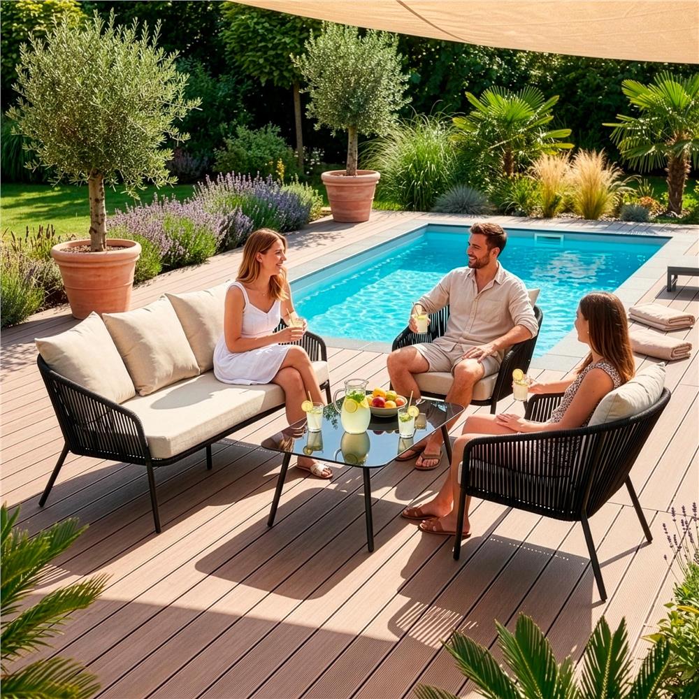 Set mobilier gradina 4 piese cu canapea sofa, 2 fotolii si masa sticla, cadru metalic, negru cu perne bej
