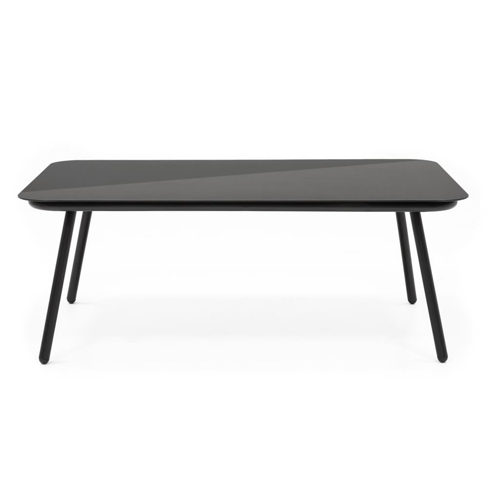 Set mobilier gradina 4 piese cu canapea sofa, 2 fotolii si masa sticla, cadru metalic, negru cu perne bej