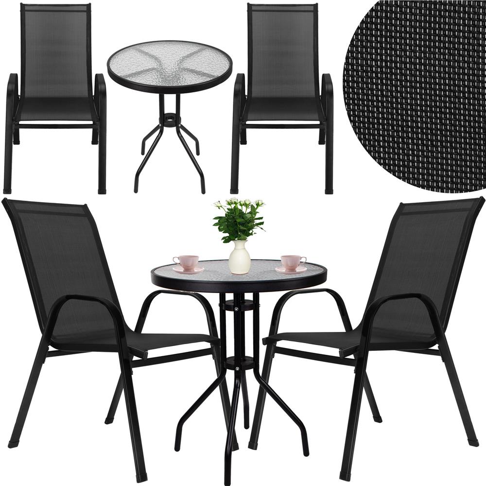 Set mobilier gradina, 2 scaune si masa rotunda, blat sticla, cadru metalic, 60x70 cm, negru