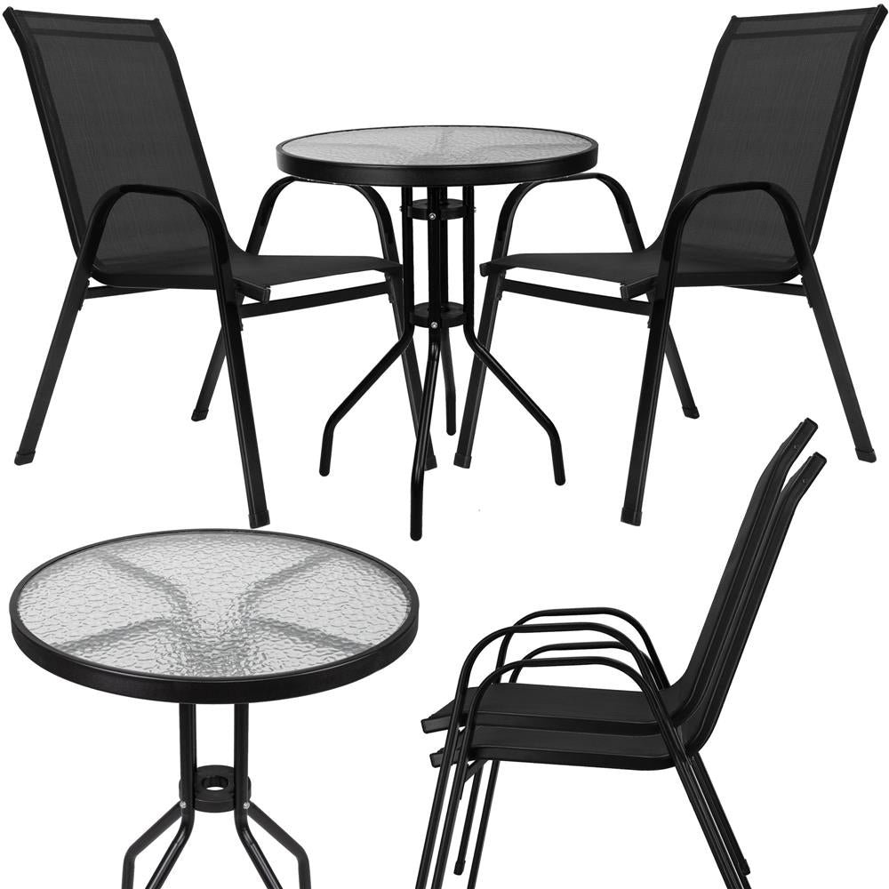 Set mobilier gradina, 2 scaune si masa rotunda, blat sticla, cadru metalic, 60x70 cm, negru