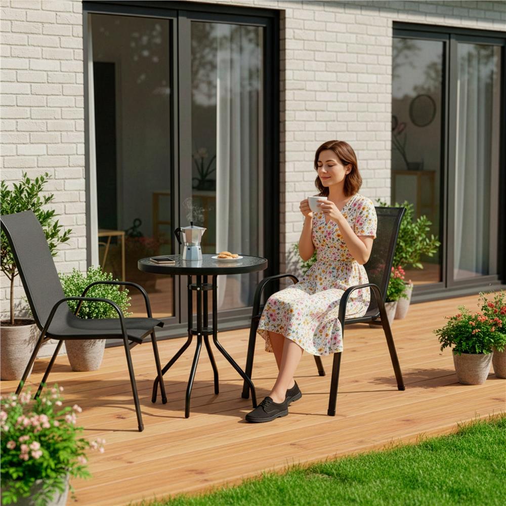 Set mobilier gradina, 2 scaune si masa rotunda, blat sticla, cadru metalic, 60x70 cm, negru