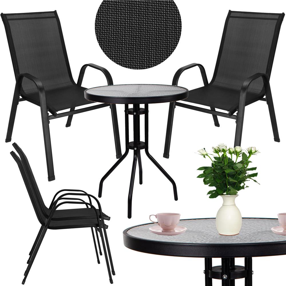 Set mobilier gradina, 2 scaune si masa rotunda, blat sticla, cadru metalic, 60x70 cm, negru