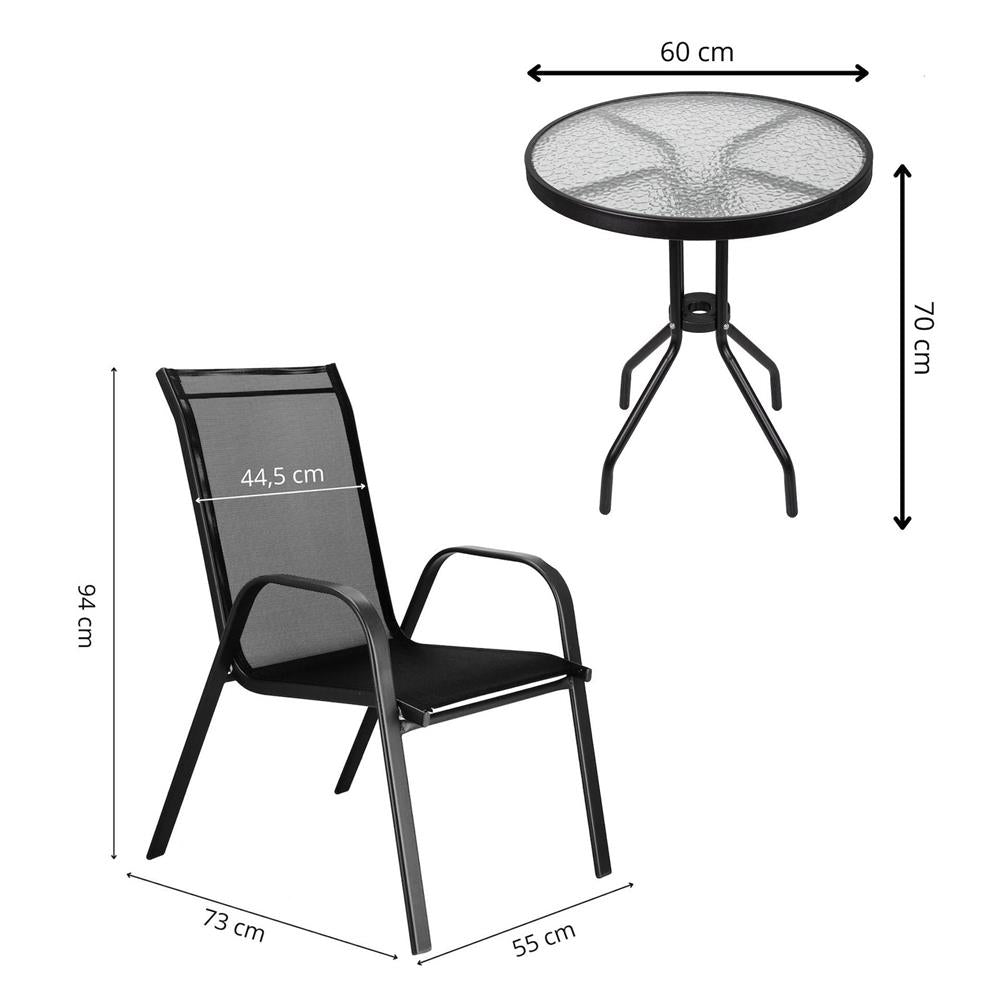 Set mobilier gradina, 2 scaune si masa rotunda, blat sticla, cadru metalic, 60x70 cm, negru