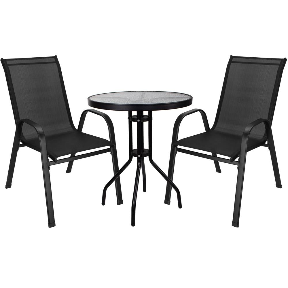 Set mobilier gradina, 2 scaune si masa rotunda, blat sticla, cadru metalic, 60x70 cm, negru