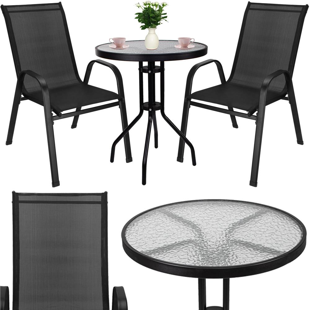Set mobilier gradina, 2 scaune si masa rotunda, blat sticla, cadru metalic, 60x70 cm, negru