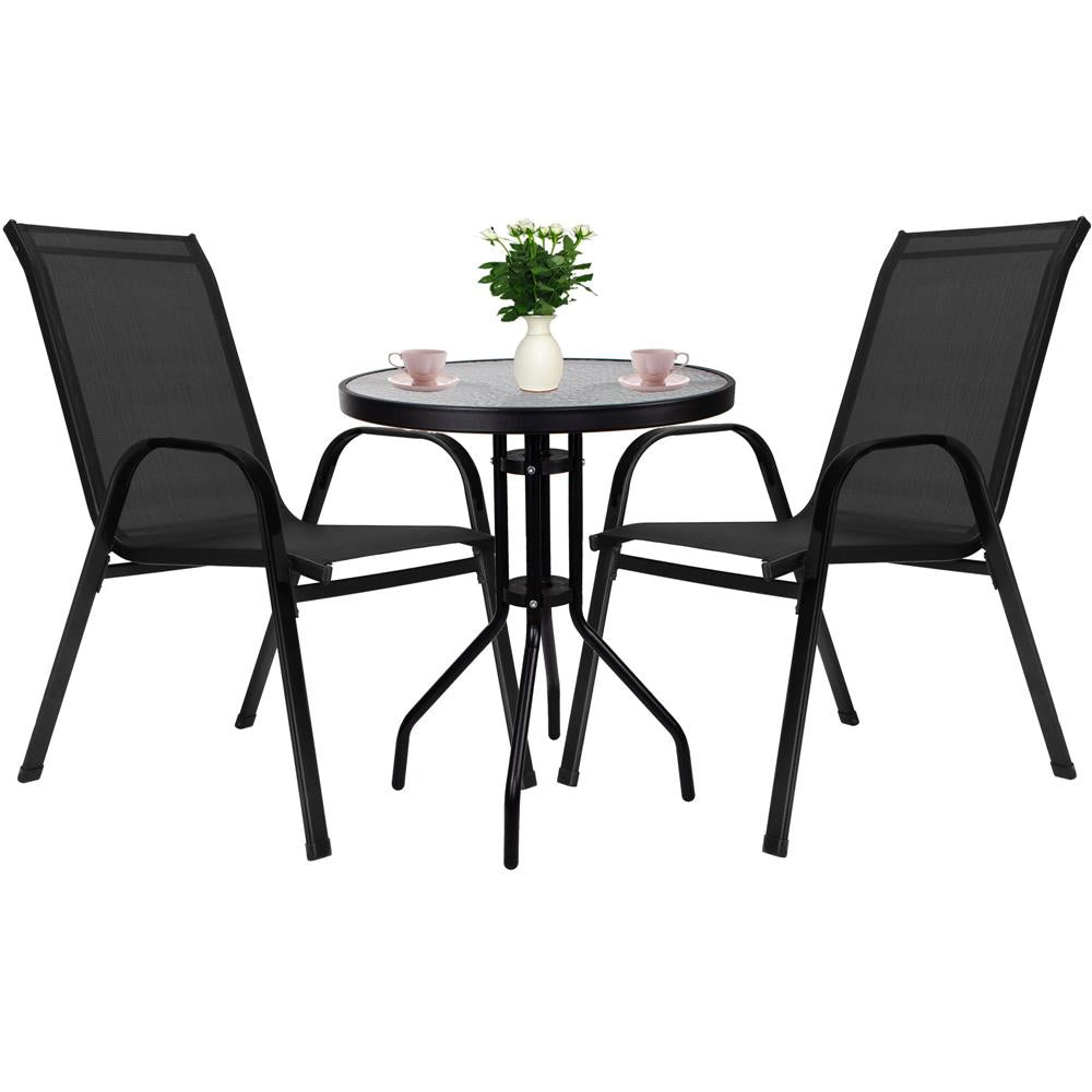 Set mobilier gradina, 2 scaune si masa rotunda, blat sticla, cadru metalic, 60x70 cm, negru