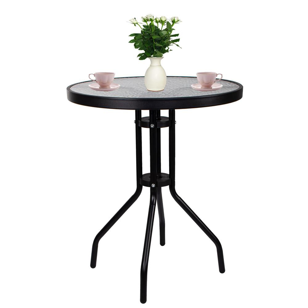 Set mobilier gradina, 2 scaune si masa rotunda, blat sticla, cadru metalic, 60x70 cm, negru