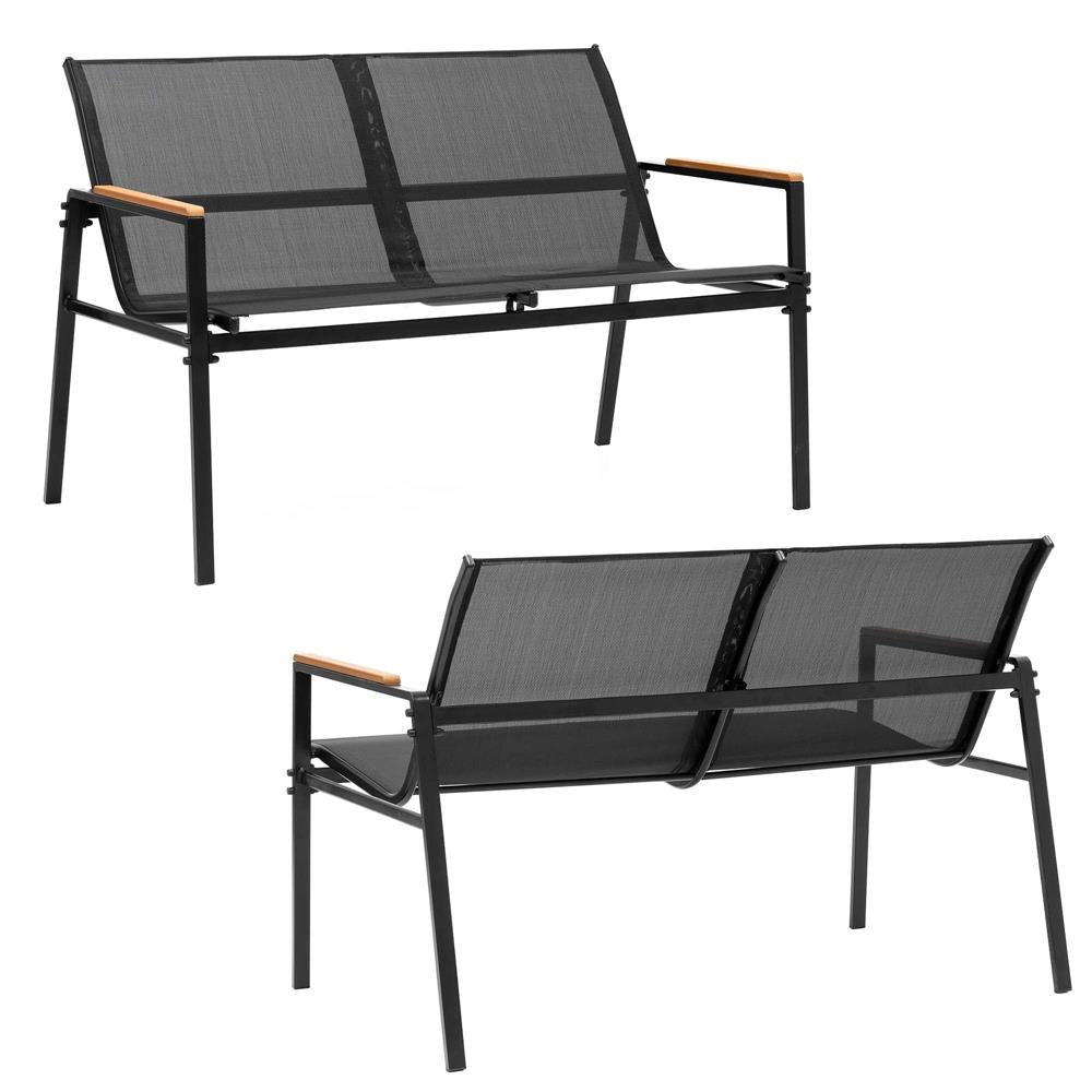 Set mobilier gradina 4 locuri, canapea 2 locuri, 2 scaune si masa rotunda sticla, cadru metalic, 119x71x82 cm, negru