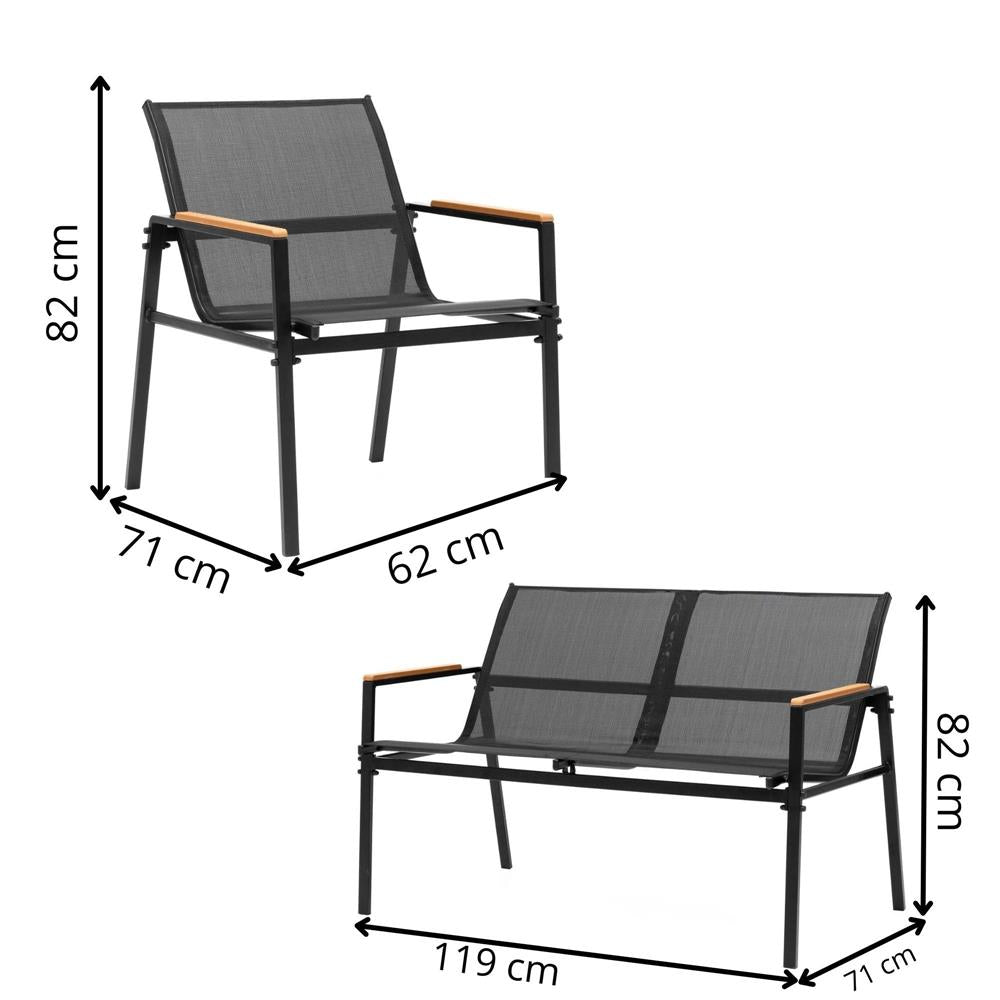 Set mobilier gradina 4 locuri, canapea 2 locuri, 2 scaune si masa rotunda sticla, cadru metalic, 119x71x82 cm, negru