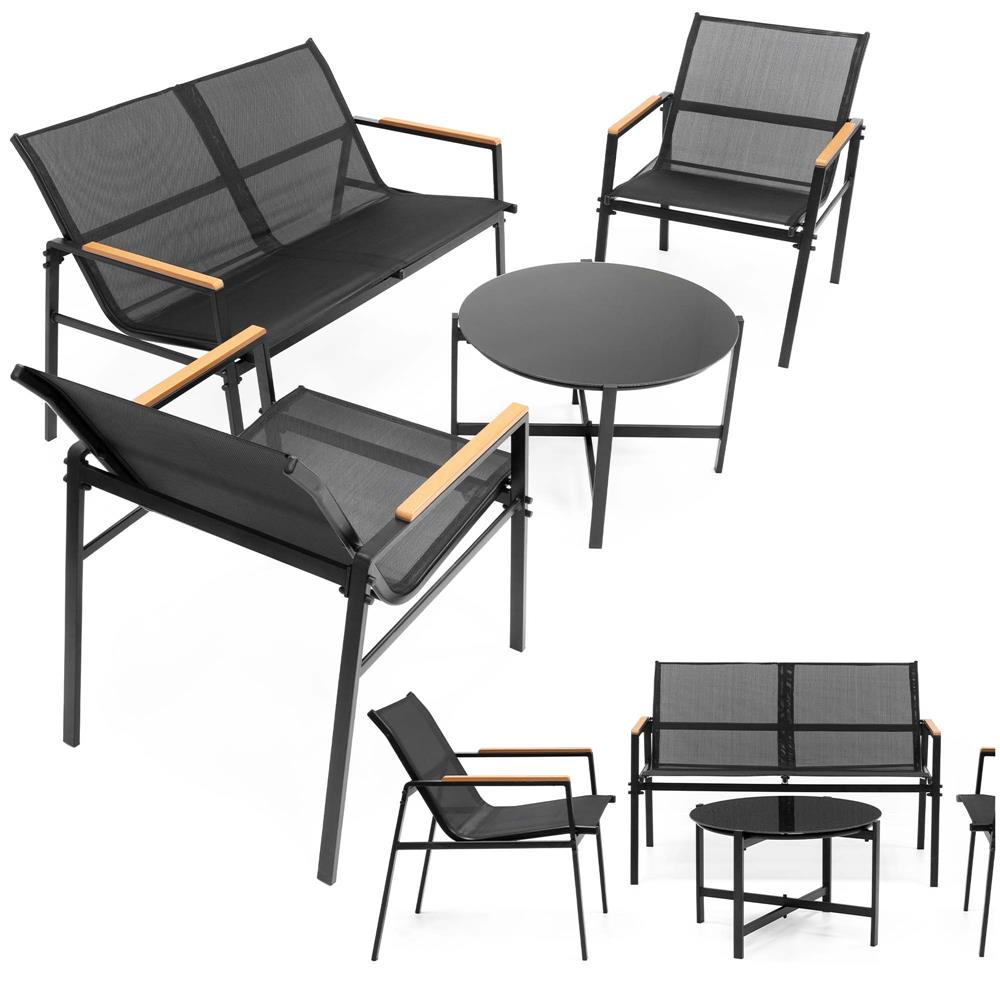 Set mobilier gradina 4 locuri, canapea 2 locuri, 2 scaune si masa rotunda sticla, cadru metalic, 119x71x82 cm, negru