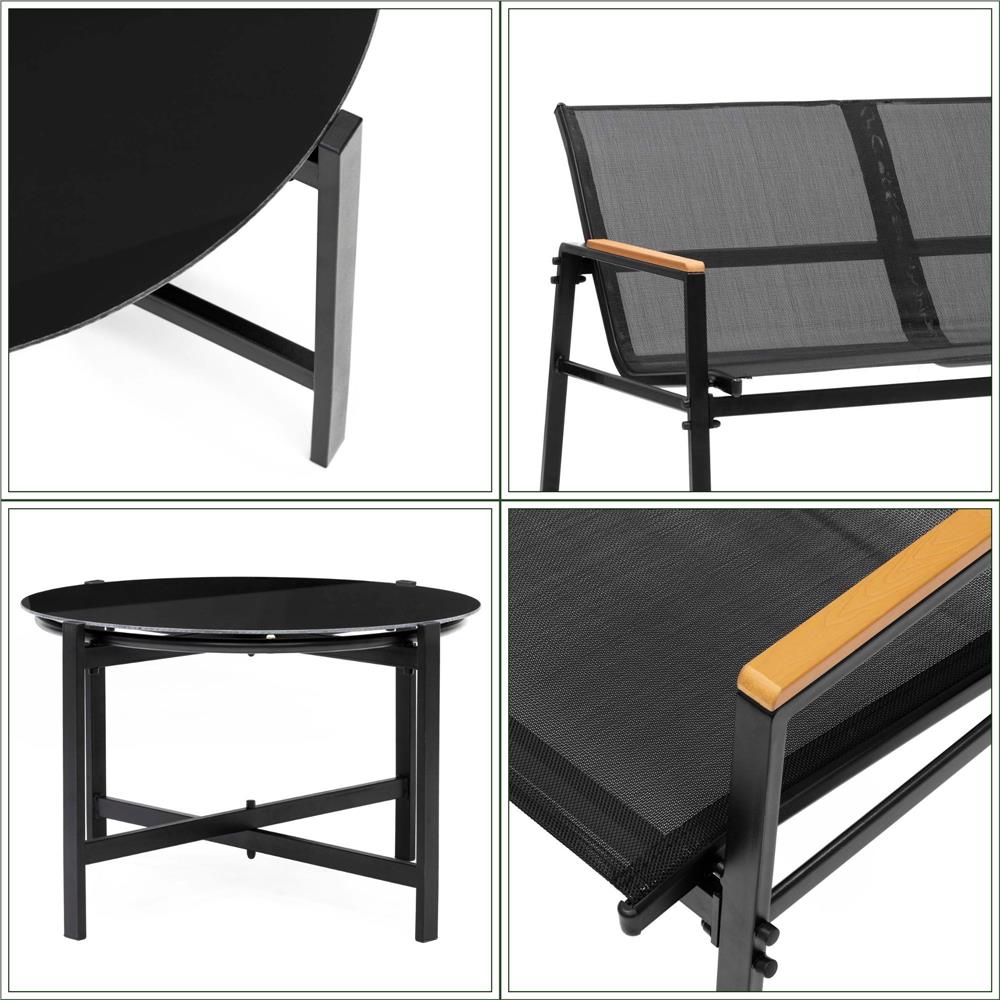 Set mobilier gradina 4 locuri, canapea 2 locuri, 2 scaune si masa rotunda sticla, cadru metalic, 119x71x82 cm, negru