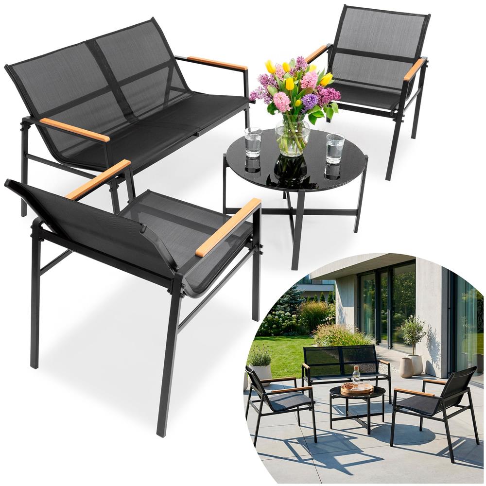 Set mobilier gradina 4 locuri, canapea 2 locuri, 2 scaune si masa rotunda sticla, cadru metalic, 119x71x82 cm, negru