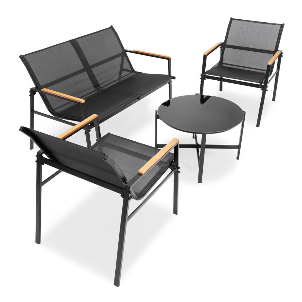 Set mobilier gradina 4 locuri, canapea 2 locuri, 2 scaune si masa rotunda sticla, cadru metalic, 119x71x82 cm, negru