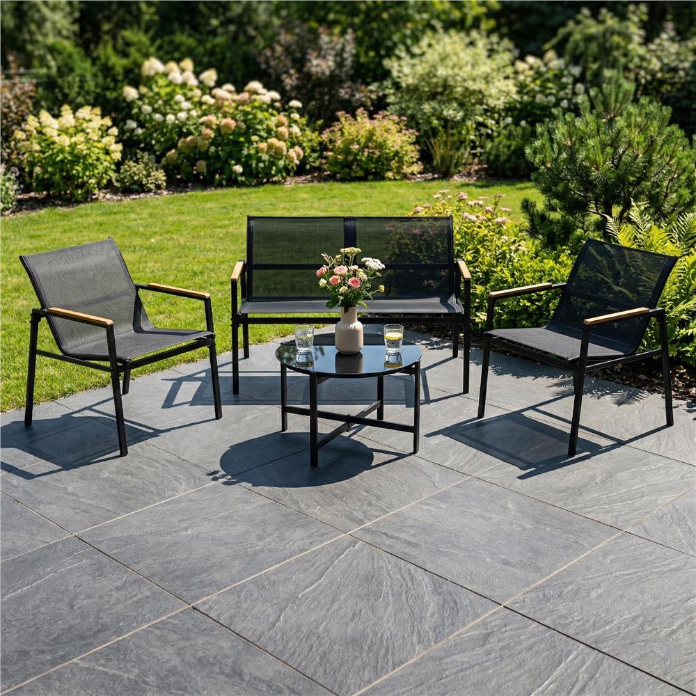 Set mobilier gradina 4 locuri, canapea 2 locuri, 2 scaune si masa rotunda sticla, cadru metalic, 119x71x82 cm, negru