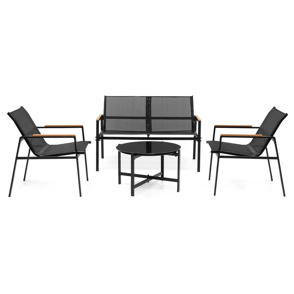 Set mobilier gradina 4 locuri, canapea 2 locuri, 2 scaune si masa rotunda sticla, cadru metalic, 119x71x82 cm, negru
