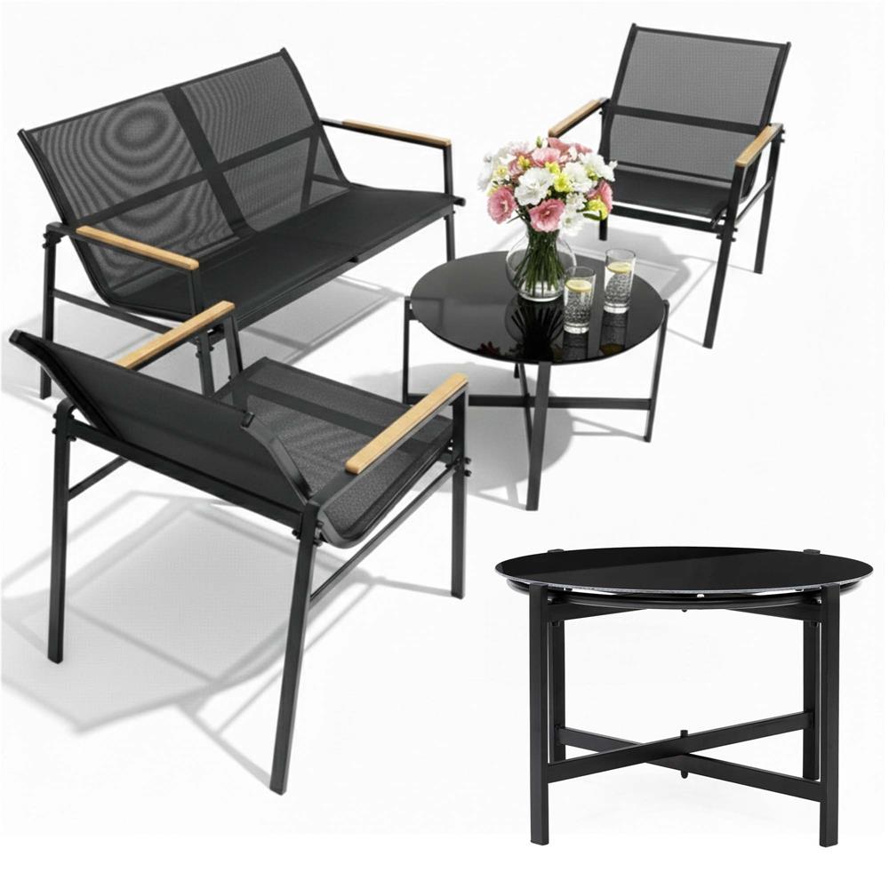 Set mobilier gradina 4 locuri, canapea 2 locuri, 2 scaune si masa rotunda sticla, cadru metalic, 119x71x82 cm, negru